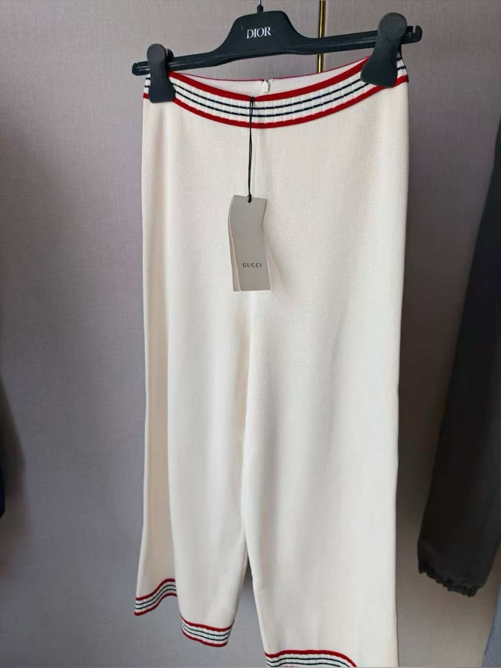 🚩steal Gucci Cream Knit Pants with Red & Navy Stripe Trim